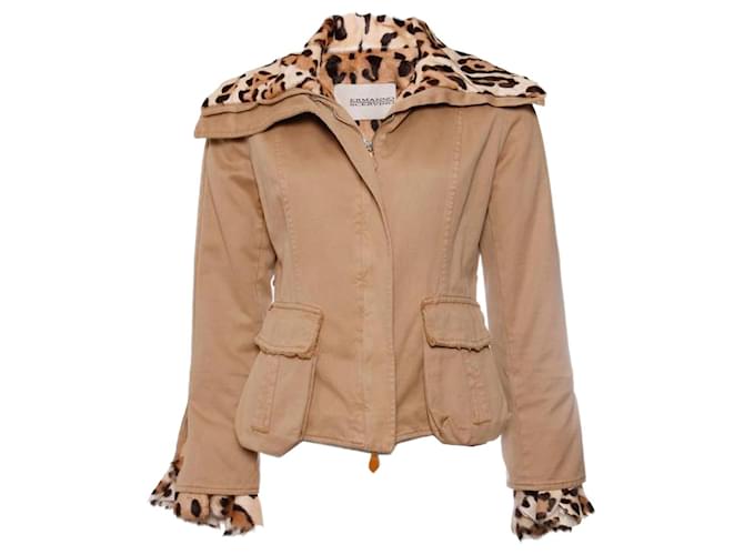 Ermanno Scervino, camel coloured coat lined with leopard ponyskin in size IT42/S. Brown Leather Cotton  ref.1002895
