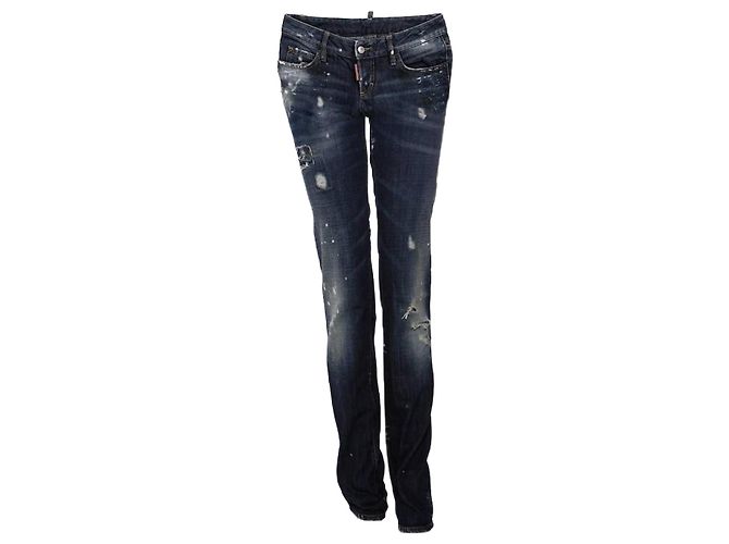 Dsquared2, dark blue ripped jeans with white paint spots in size 40IT/XS.