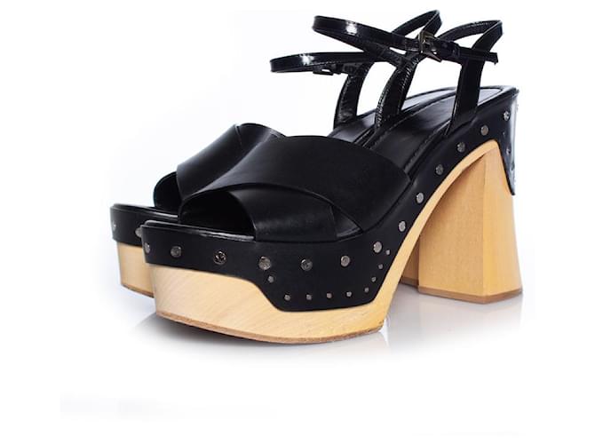 Prada, platform wooden heels in black Leather  ref.1002917