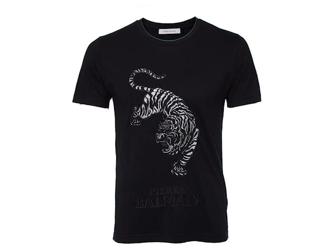Pierre Balmain, Black T-shirt with tiger. Cotton  ref.1002944
