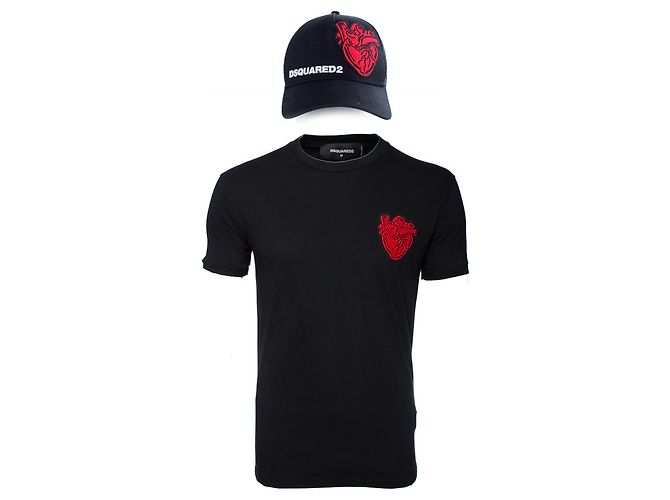 Dsquared2, Camiseta y gorra con corazón rojo.. Negro