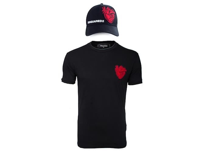 Dsquared2, T-Shirt und Mütze mit rotem Herz. Schwarz Baumwolle  ref.1002945