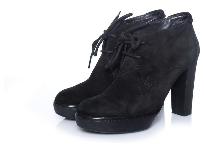 HOGAN, black suede ankle lace-up boots.