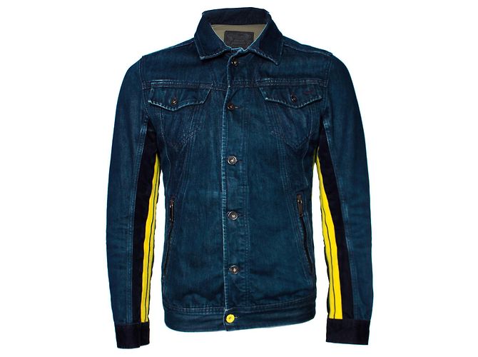 DIESEL, Blue denim jacket with yellow stripes.