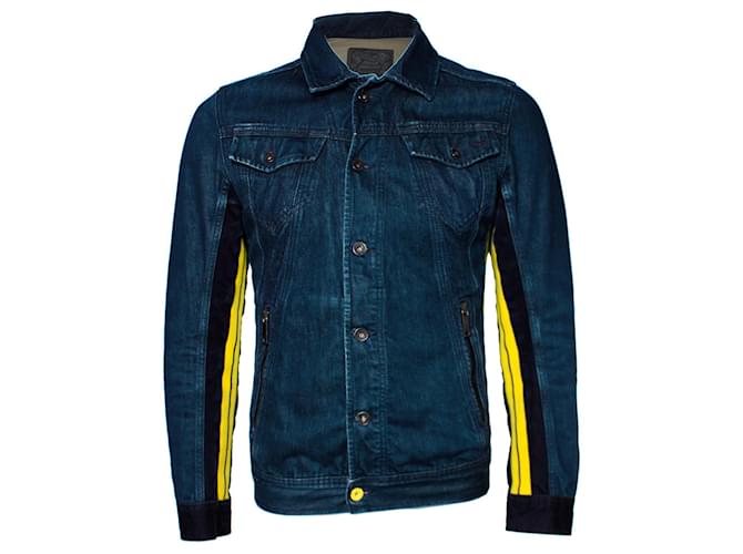DIESEL, Jaqueta jeans azul com listras amarelas. Algodão  ref.1002978