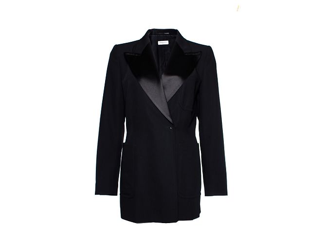 Dries van Noten, blazer de lã preto com reversão brilhante e botões de pressão em tamanho UE40/eu.