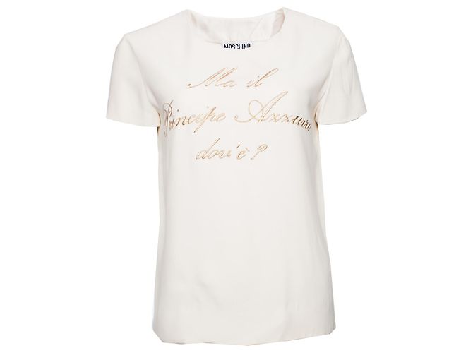MOSCHINO COUTURE, Haut de couleur crème avec texte doré.
