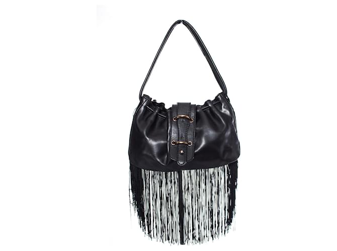 EMPORIO ARMANI, Vintage black leather handbag with fringes.  ref.1003010