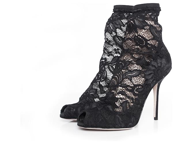 Dolce & Gabbana, Bottines chaussettes en dentelle stretch. Cuir Noir  ref.1003046