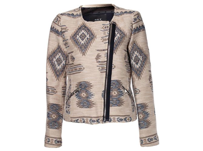 Set EINSTELLEN, Ethnische Webjacke in Beige und Blau