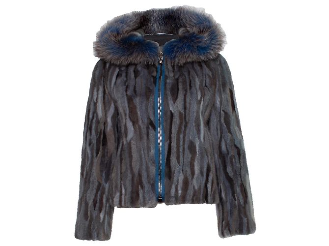 Philipp Plein, Jaqueta de pele com capuz e zíper Azul Cinza