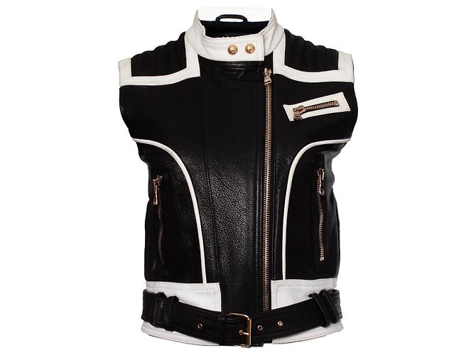 Balmain, Sleeveless biker jacket Black White