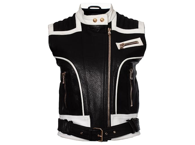 Balmain, Sleeveless biker jacket Black White Leather  ref.1003085