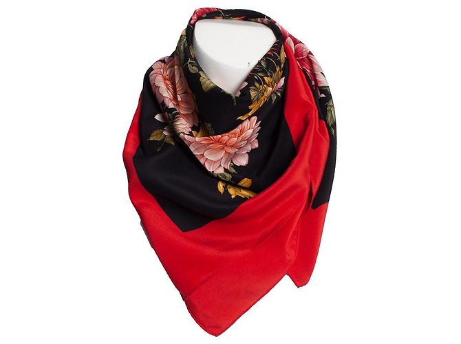 gucci, Sciarpa stampata floreale con bordo rosso Multicolore