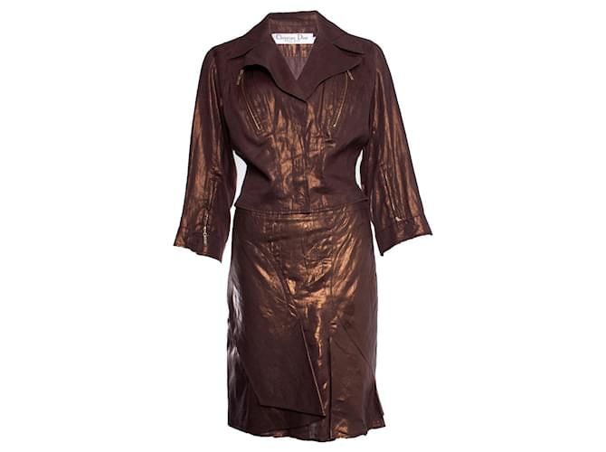 Christian Dior, chaqueta motera metalizada con falda Castaño Lino  ref.1003119
