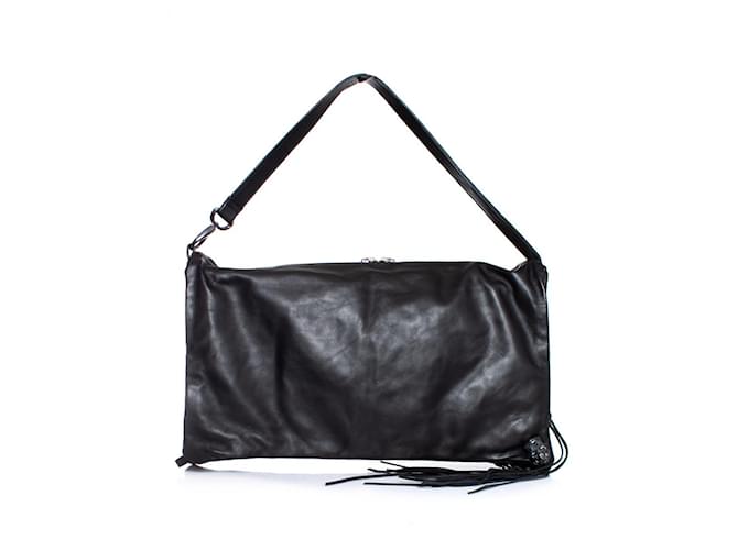 Autre Marque Maison Du Posh, foldover flap shoulder bag with fringes and skull Black Leather  ref.1003128