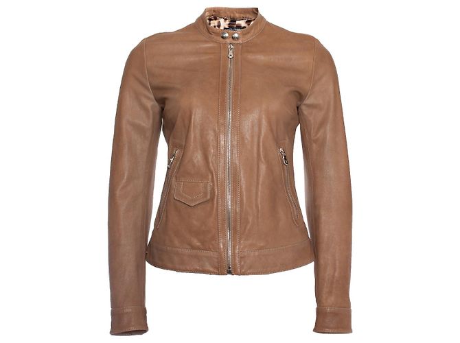 DOLCE & GABBANA, Jaqueta biker de couro taupe Marrom