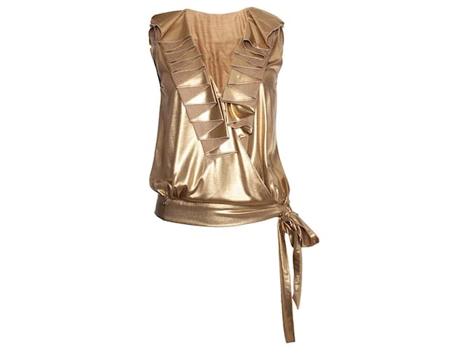 Chanel, Gold top with ruffles and bow Golden  ref.1003187
