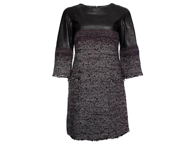 Chanel, robe en tweed avec cuir Laine Noir  ref.1003192