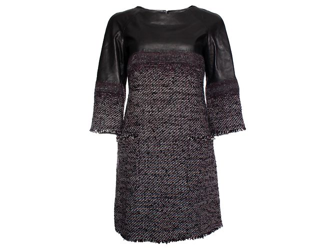 Chanel, Tweedkleid mit Leder Schwarz