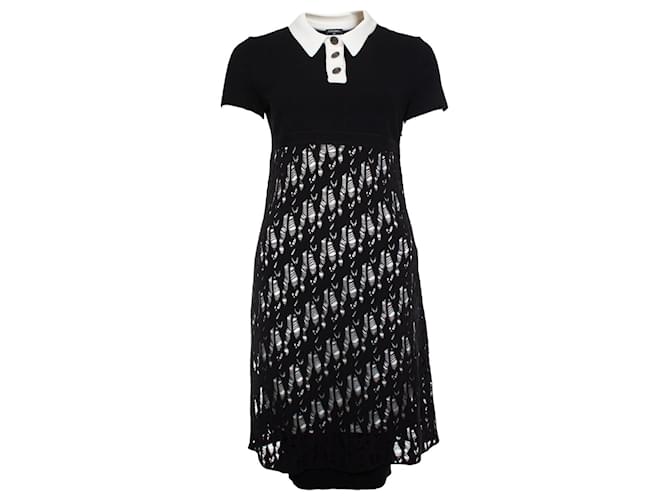 Chanel, robe ouverte en laine tissée à col blanc Coton Noir  ref.1003193