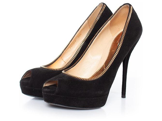 gucci, black suede peep-toe platform pumps