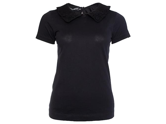 DOLCE & GABBANA, maglietta nera con colletto all'uncinetto Nero Cotone  ref.1003216