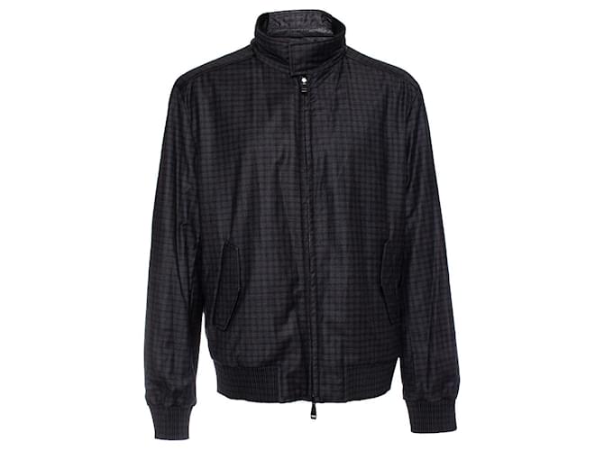 Autre Marque BRIONI, reversible coat with checkered print Black Grey Leather Cashmere  ref.1003218