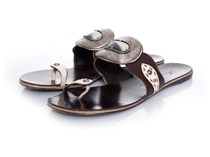 Giuseppe Zanotti, Brown leather sandals. Silvery  ref.1003243