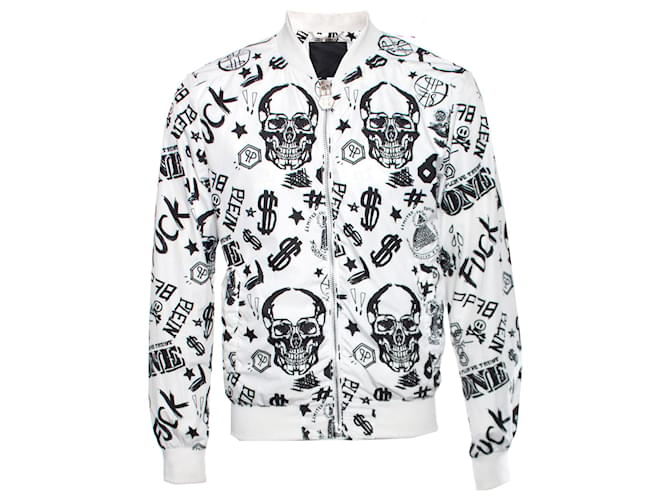 Philipp plein white bomber with black dollar/Skull/text sketching in size L. Polyester  ref.1003255