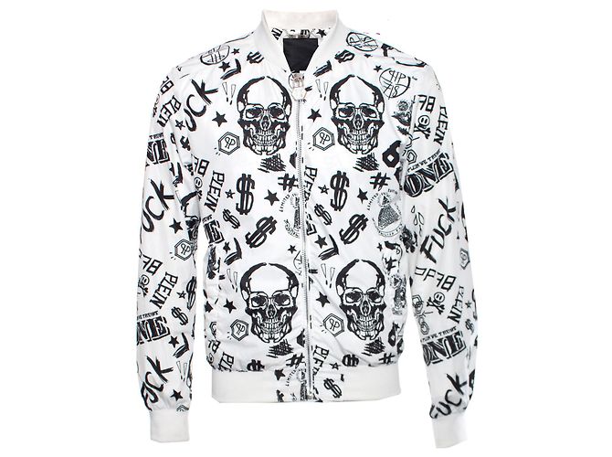 Philipp plein white bomber with black dollar/Skull/text sketching in size L.