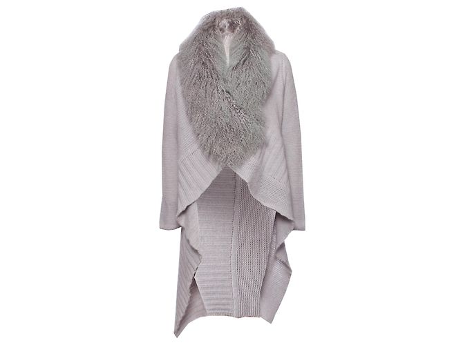 BLUMARINE, Grauer Woll-Cardigan mit Pelzkragen.