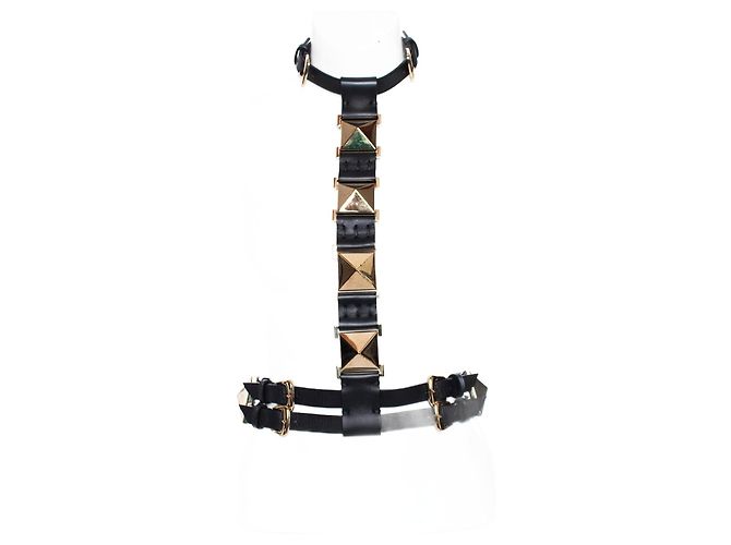 Giuseppe Zanotti, Black adjustable leather body belt with gold hardware in size S. Golden