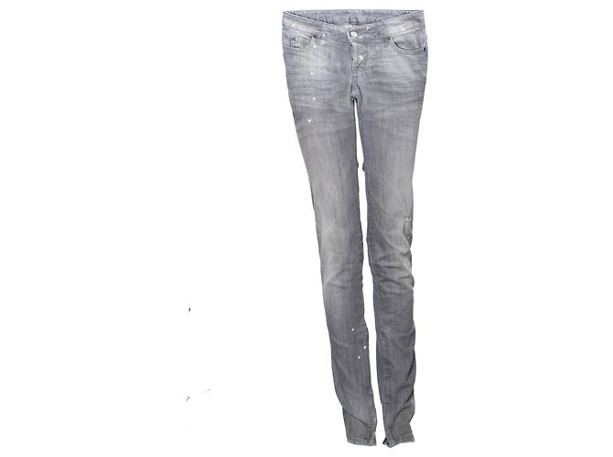 Dsquared2, Jeans cinza com marcas de tinta, pequenos rasgos e zíperes em tamanho IT40/XS.