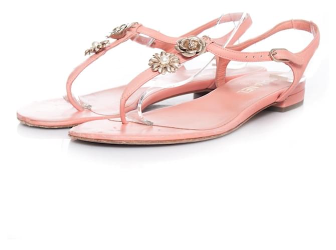 Chanel,  T-strap sandals with camellia.  ref.1003343