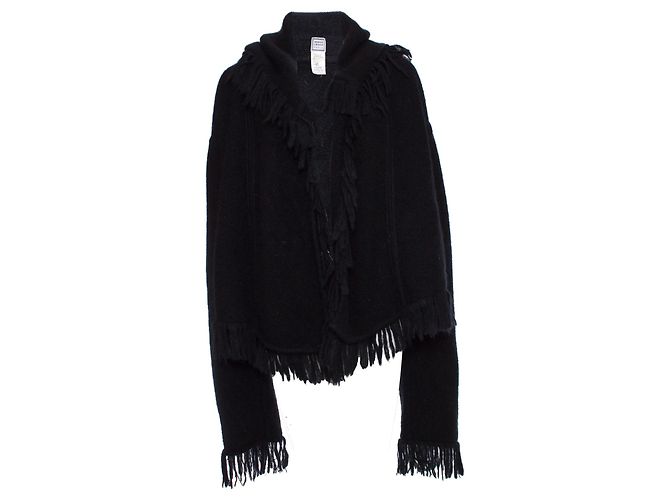 HERVE LEGER, Schwarzer Mohair-Cardigan mit Kapuze und Fransen.