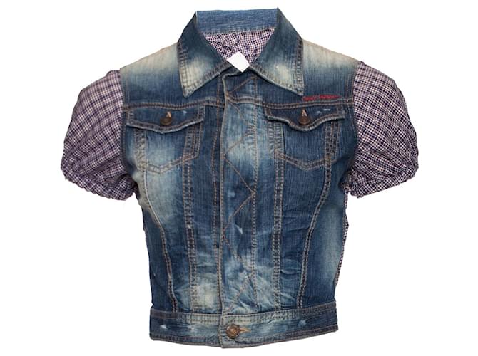 Dsquared2, Cropped denim jacket with checkered sleeves Blue Multiple colors Cotton  ref.1003358