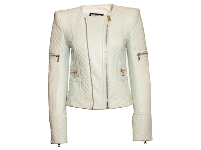 Balmain, Mint green quilted leather biker jacket  ref.1003359