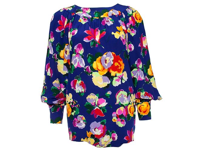 Autre Marque Ungaro, Blusa de seda azul con estampado floral.. Multicolor