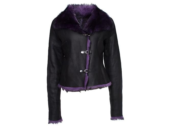Autre Marque Olivier Strelli, Black lammy coat with purple fur. Leather  ref.1003370