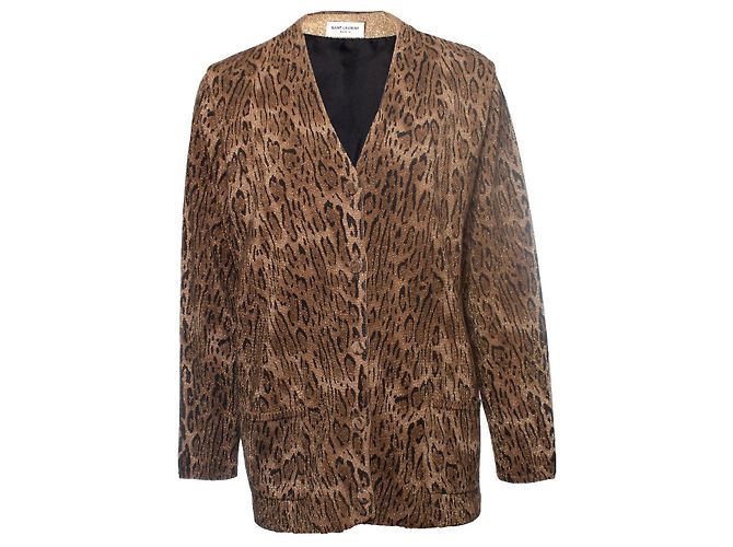 SAINT LAURENT, Cardigan aus Lammwolle mit Leopardenmuster Braun