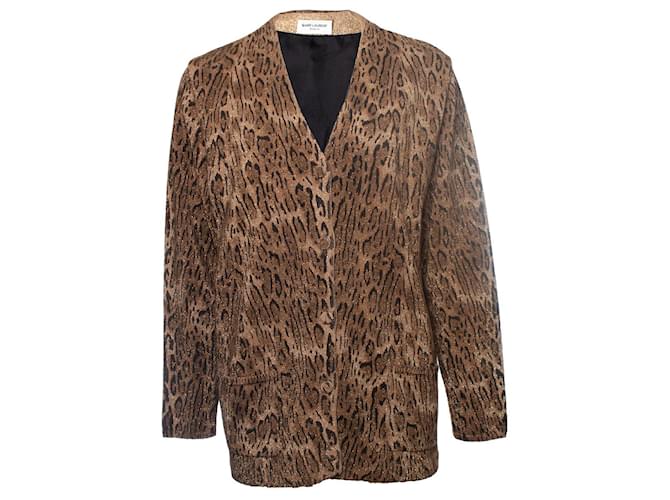SAINT LAURENT, Leopard print lame wool cardigan Brown  ref.1003397