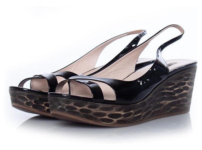 miu miu, patent leather slingback sandals Brown Black