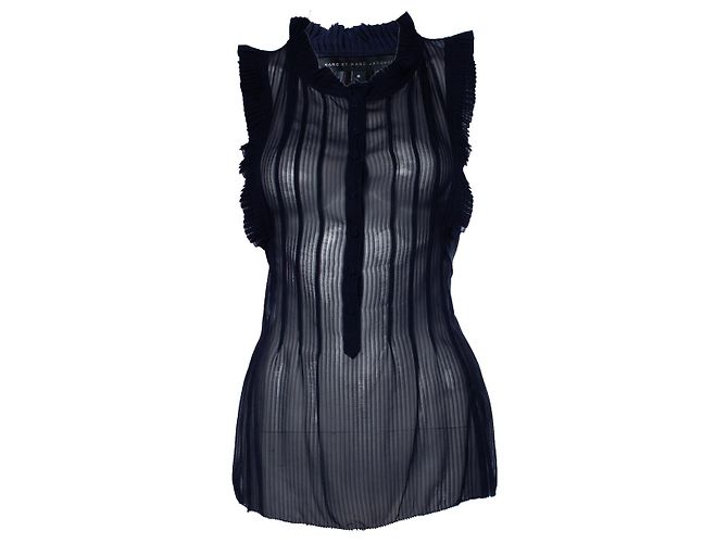 MARC JACOBS, top blu con volant semi trasparente