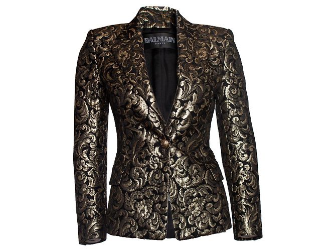 Balmain Balmaın, Jacquard-gewebter Blazer in Schwarz und Gold Golden