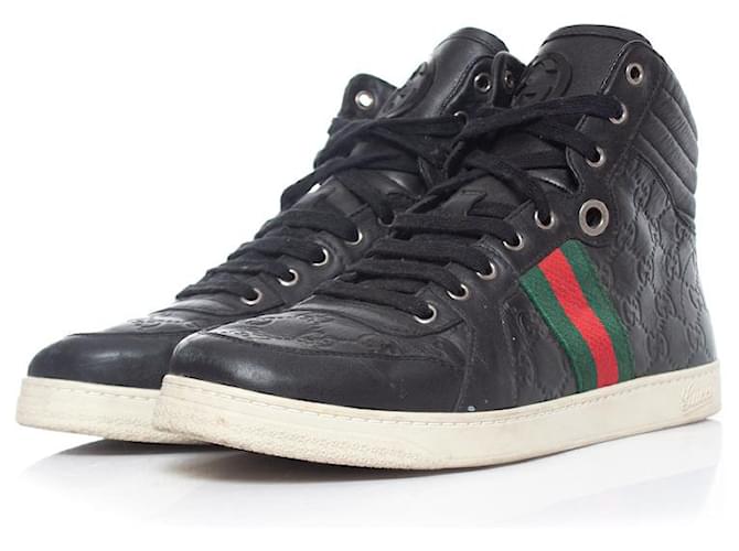 Gucci, High-Top-Sneaker aus GG-Leder mit Webdetail Schwarz  ref.1003539