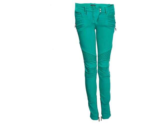 balmain, Jeans da motociclista in verde. Cotone  ref.1003562