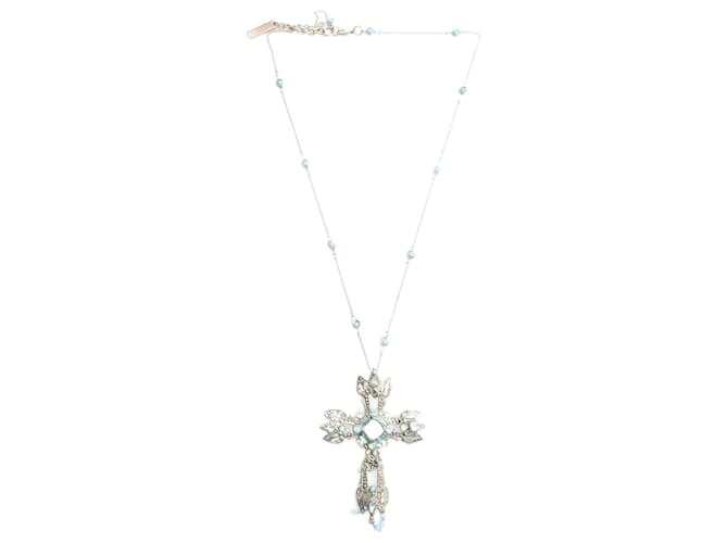 DOLCE & GABBANA, Halskette mit silbernem Kreuz und blauen Steinen.  ref.1003585