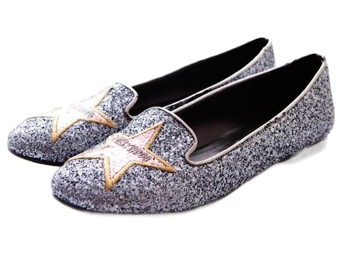 Autre Marque Chiarra Ferragni, silver glitter ballerinas with rose hollywood stars in size 9/39. Silvery Leather  ref.1003587