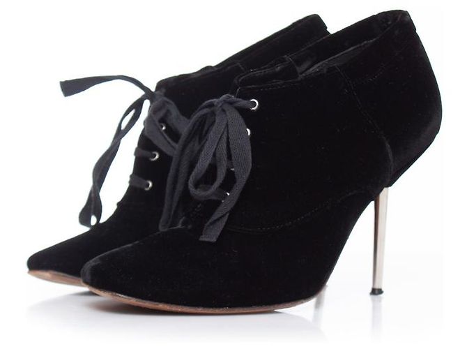 LANVIN, velvet ankle boots with metal heel. Black